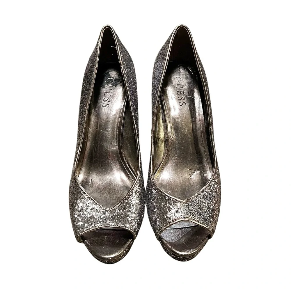 Guess Sparkling Silver Peep Toe Platform Heels Size 8